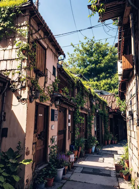 a view of a narrow alley with a few plants growing on the side