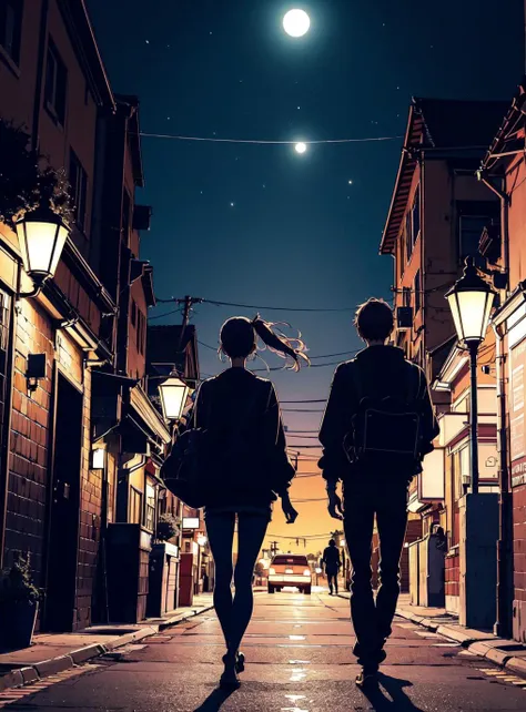 two people walking down a street at night under a full moon