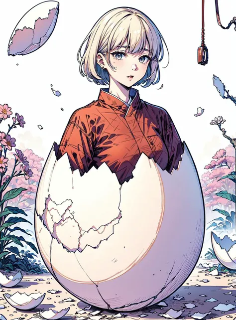 a close up of a person standing in front of a large egg