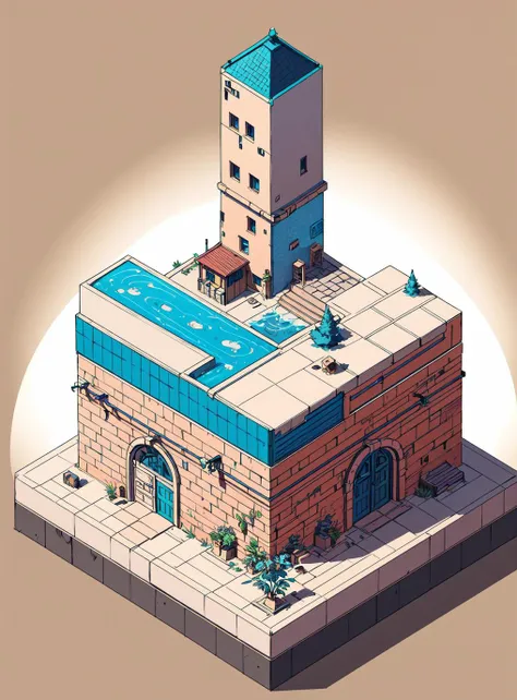 a cartoon illustration of a building with a pool on top of it