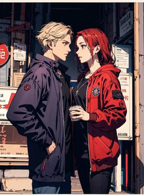 anime couple in front of a store with a red jacket