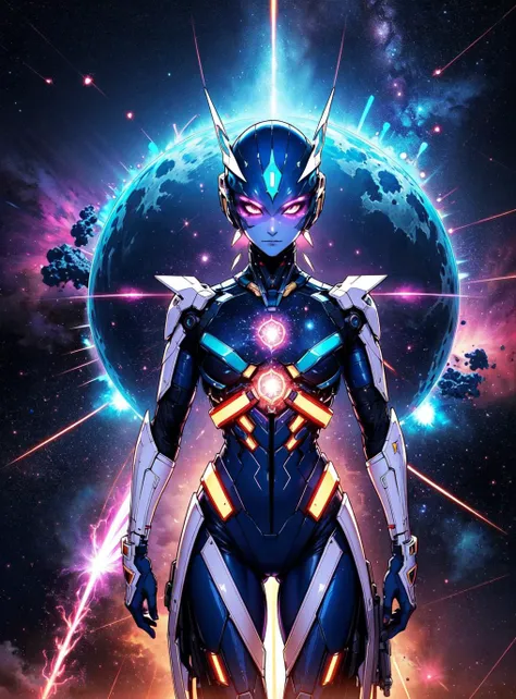 a woman in a futuristic suit standing in front of a planet