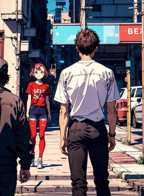 anime characters walking down a city street with a woman in a red outfit