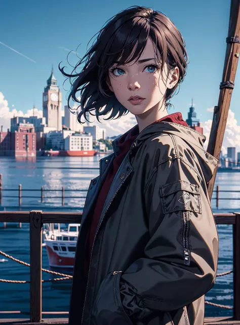 anime girl with long hair standing on a pier looking at the camera