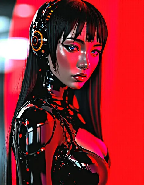 masterpiece, realistic scenery, ultra high quality, a gorgeous 23yo cybergoth woman prepares for a wild night, futuristic petite body suit with shiny red cybernetic features and elements, covered from the neck below, she is surrounded by a translucient red...