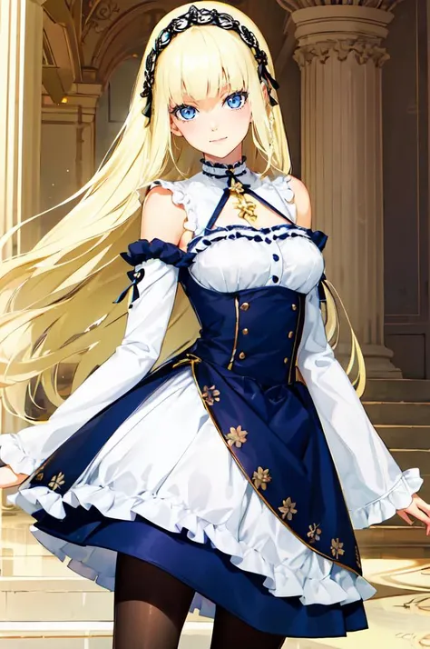 white and blue theme,   <lora:style_HAPPOBIJIN:1>, ultra detailed, masterpiece, best quality, solo, soft smile, light smile,
1girl, blue eyes, very long hair, blonde hair, long blonde hair, french braid, bangs, medium breasts,
hair ribbon, frilled choker, ...