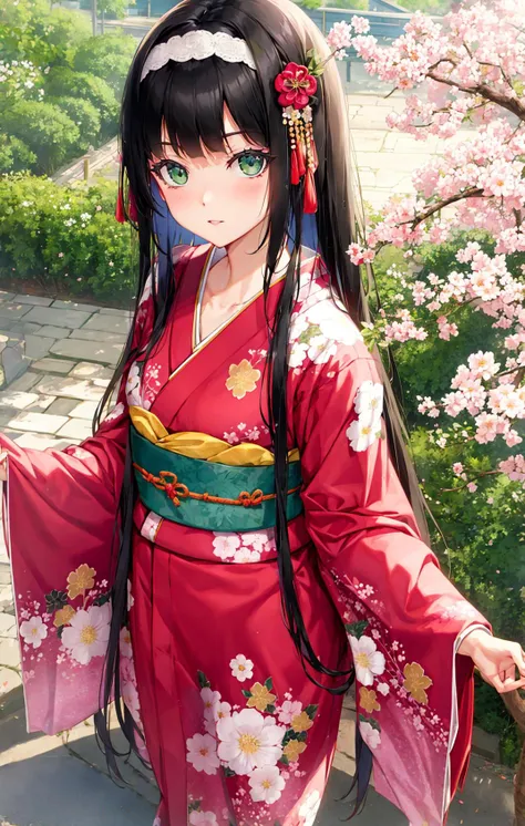 outdoors, sakura, park, flower, 1girl, bangs, black_hair, black_kimono, blunt_bangs, collarbone, floral_print, green_eyes, hair_...