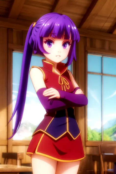 chlammyzell, <lora:chlammy zell s1-lora-nochekaiser:1>, chlammy zell, long hair, (purple eyes:1.1), purple hair, bangs, blunt bangs, twintails, hair rings, BREAK detached sleeves, cameltoe, bridal gauntlets, gloves, dress, elbow gloves, BREAK indoors, clas...