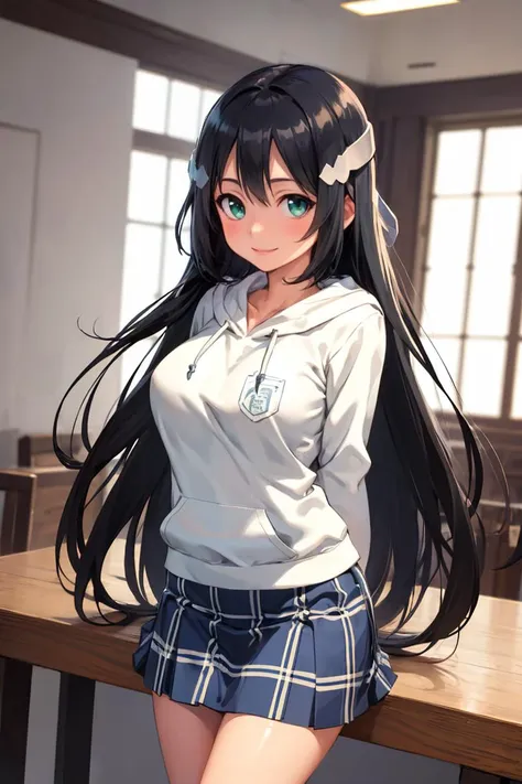 anime girl with long black hair and a school uniform posing for a picture