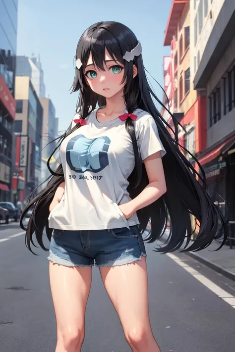 anime girl with long black hair and blue eyes standing on the street