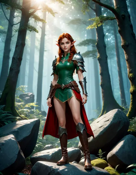 (wide angle:1.3, full body female:1.3), photorealistic:1.2, Fujifilm XT3, 3D render, cinematic composition, high fantasy, RPG character, (far shot of 19 year old girl in elf outfit standing on a rock in forest, high armor, boots,), Pam, (medium breasts:0.8...