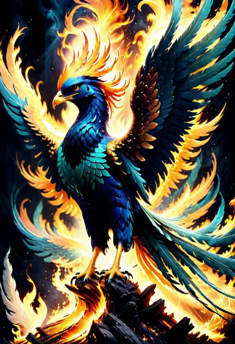 a bird with a bright blue tail and yellow wings flying through the air