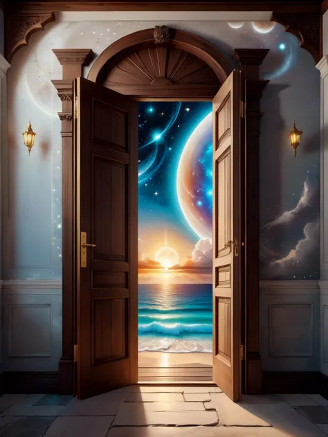 4k highly detailed digital extremely high quality RAW photograph, Masterpiece,

contrast balance, 

The open door in the wall that leads to a celestial holiday destination,

airbrush painting,

Apply a natural LUT for a natural look,

