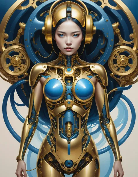 surreal image of a person merging with a machine, using a limited color palette of gold and blue, by artgerm lau