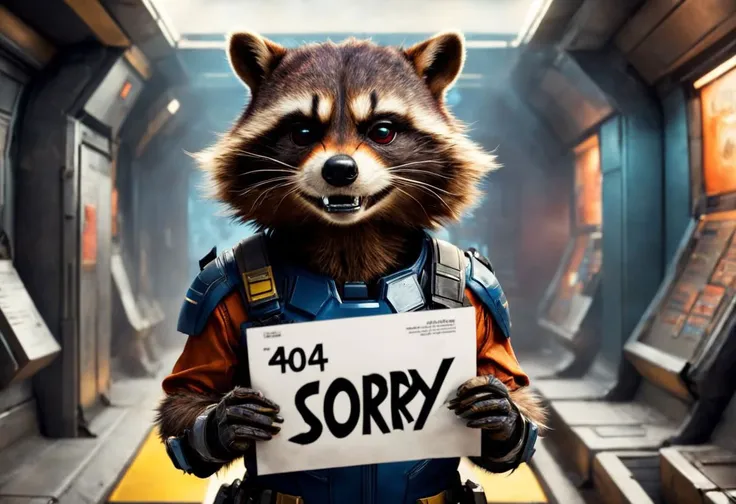 rocket raccoon from guardians of the galaxy, severe emotion,
(masterpiece), Destroyer uniform, insignia, black helmet, shows document with "404 sorry" inscription, HDR, bright colors