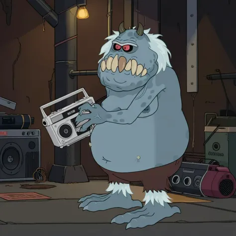 a close up of a cartoon monster holding a radio in a room