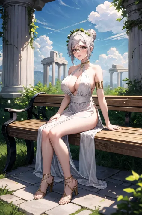 (masterpiece, best quality, detailed), 1girl, solo, looking at viewer, meikodef, glasses, short hair, grey hair, hair bun, single hair bun, brown eyes, huge breasts, 
<lora:GreekClothes:1>, greek clothes, peplos, laurel crown, armlet, see-through, arch, pi...