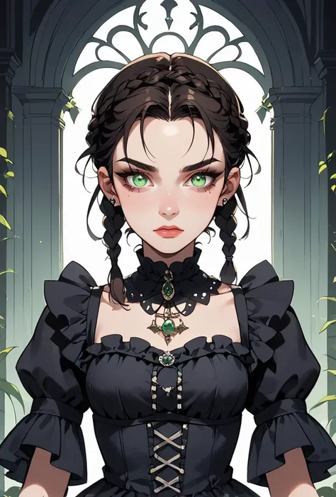 core_9, score_8_up, score_7_up,1girl,youngh, gypsies, dark brown dutch braid hair, emerald eyes, gothic frill dress, pervert face