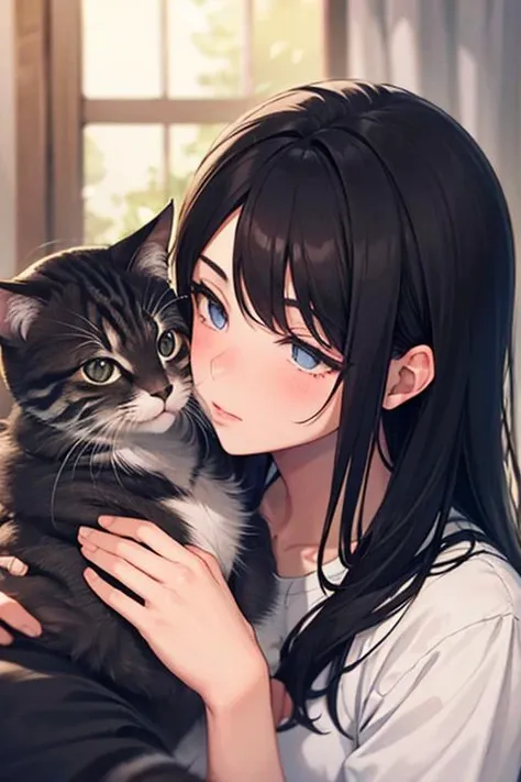 anime girl with long black hair hugging a cat