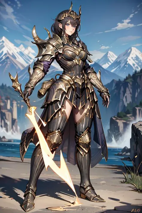 a woman in armor holding a sword standing on a beach