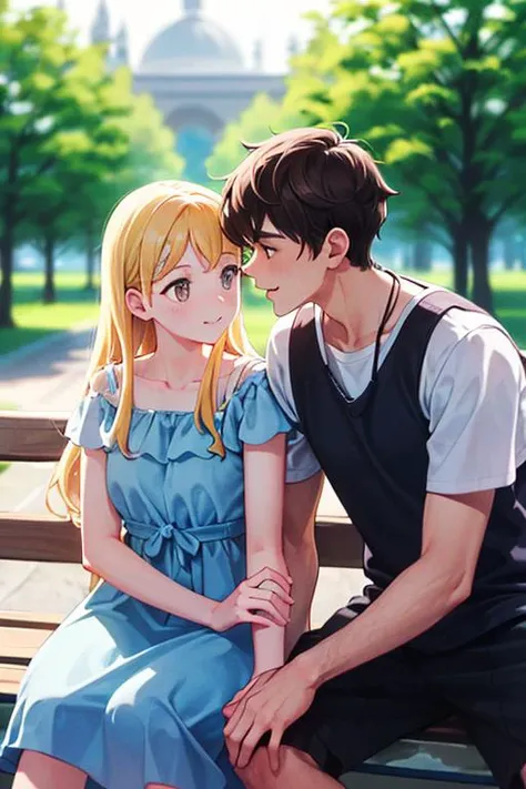 anime couple sitting on a bench in a park