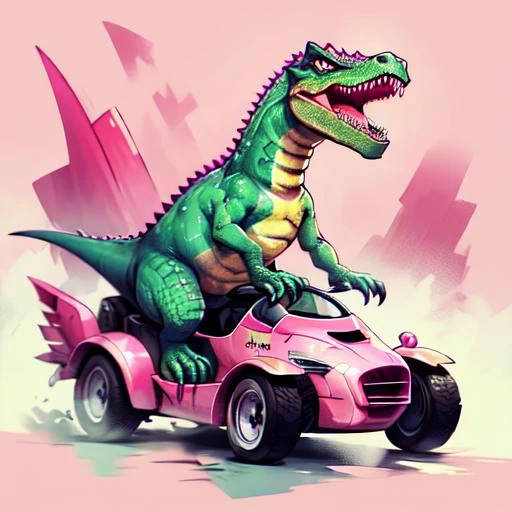 <lora:riding_a>, a pink t-rex riding on a f1 car