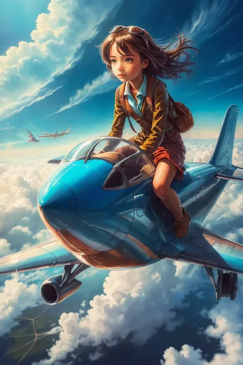 a woman riding on the back of a blue airplane in the sky