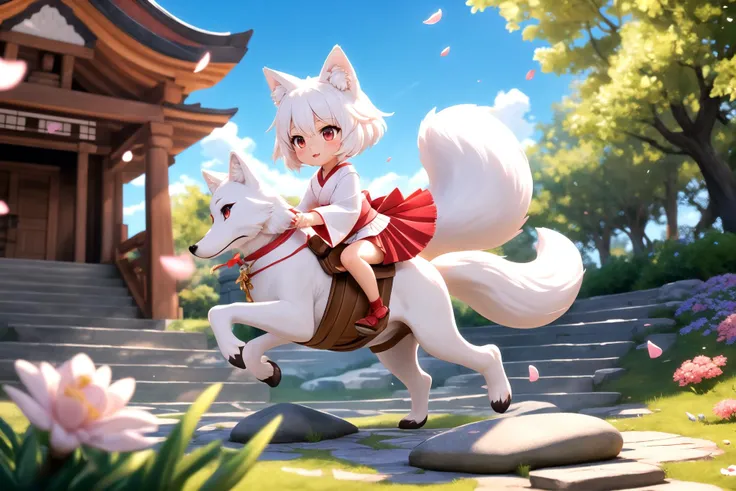 riding on a fox, fox girl, short hair, white hair, wolf ears, red eyes, detached long sleeves, white kimono, pleated miniskirt, fox tail, diffused sunlight, depth of field, light particles, strong wind,
blue sky, shrine, stone stairs, falling flower petals...