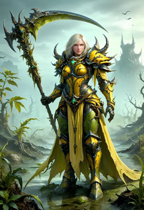 a woman in armor holding a scythe standing in a swamp