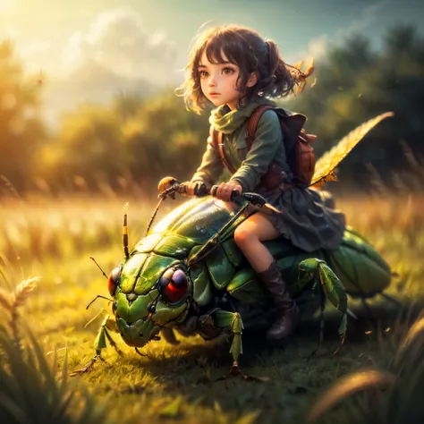 (masterpiece:1.2), (best quality:1.3), highres, ultradetailed, vibrant colors, 1girl,  <lora:riding_a:0.6>, riding on a grasshopper, grass