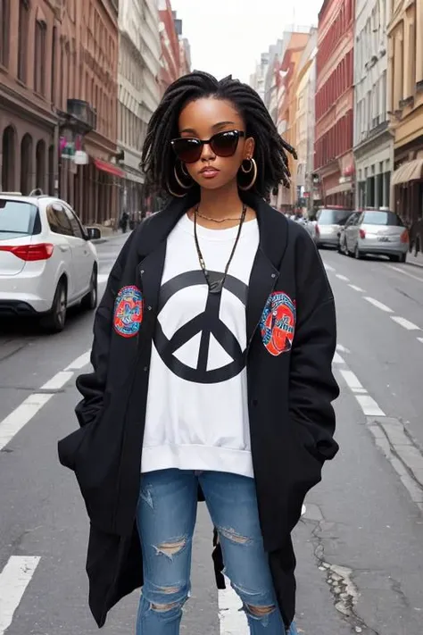 a woman standing on a street corner wearing a peace sign shirt