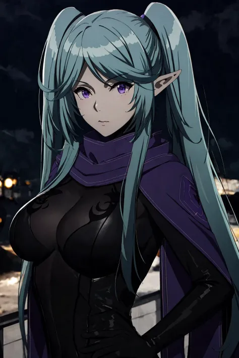 Epsilon <lora:Epsilon - NOxT:0.9> elf, young beautiful woman, (longt hair, twintails), purple eyes, (black bodysuit:1.2), large breasts, violet scarf, night <lora:LowRA:0.8>