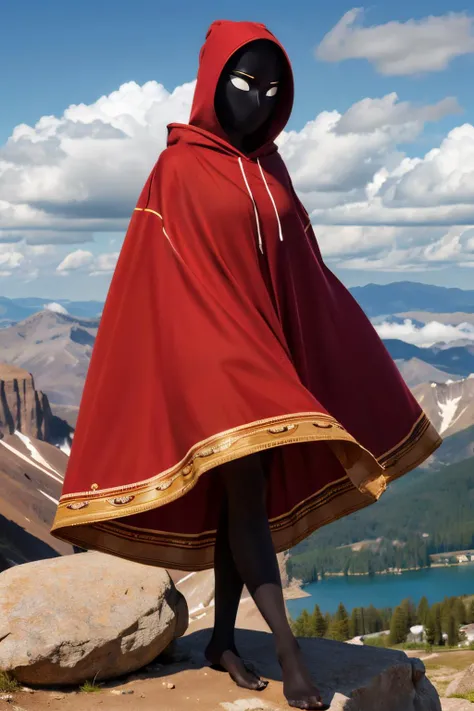 Traveler,white eyes,black skin,blank eyes,no mouth,featureless feet,hooded cloak,hood up,robe,ofuda,scarf,golden headband, looking at viewer, outside, cliff, mountains, clouds, high quality, masterpiece <lora:Traveler:.6>