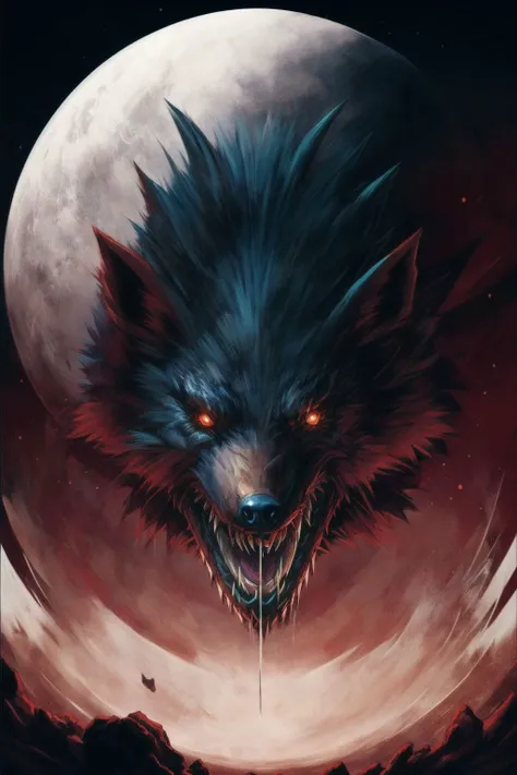 a painting of a wolf with a full moon in the background