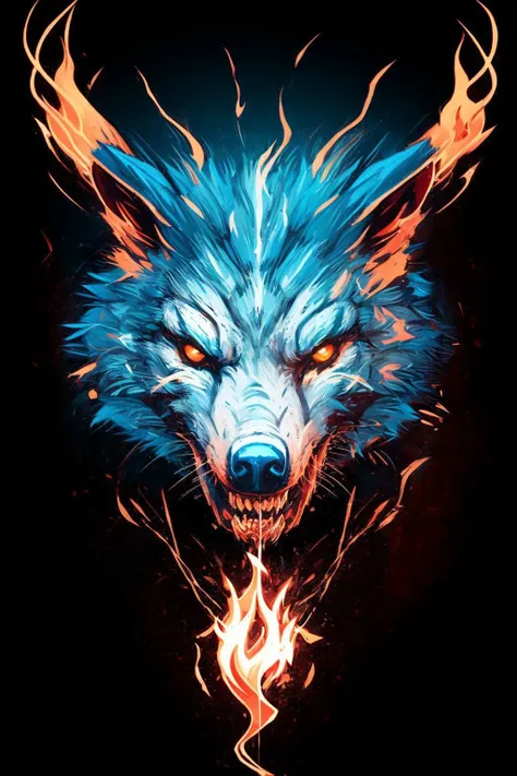 a blue wolf with flames on its face