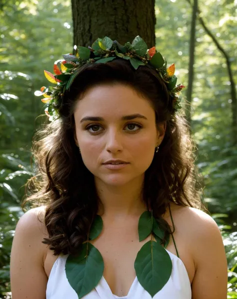 eb1, as a forest nymph, upper body, forest background with green leaves, hair wreath, hyperrealistic, sharp focus, intricate <lora:ElaineBenes:.75>