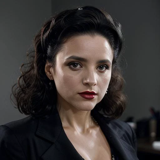 close up portrait, eb1, as a film noir femme fatale, upper body, detectives office background, lipstick, hyperrealistic, sharp focus, intricate <lora:ElaineBenes:.75> 
 <lora:Femme_Noir_SD1-5_r1_batch5_30_epoch:0.3>