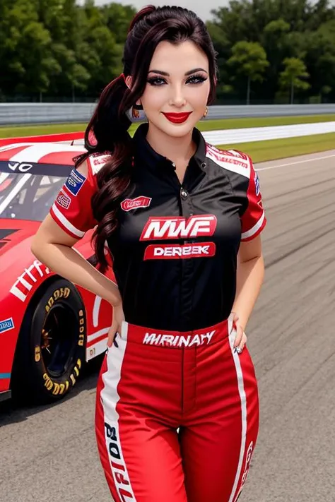 photo of a woman, ((dark brown hair, twintails, twin tails)), ((nascar uniform, nascar jumpsuit)), ((cowboy shot, waist, hips, thighs)), ((outdoors, racetrack, race car)),smiling, ((red lipstick, eyeliner, eye shadow, blush)), ((best quality, masterpiece, ...