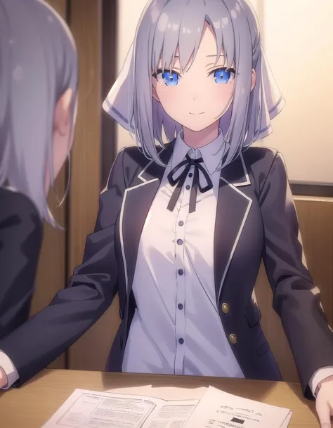 skyumi, <lora:sk yumi s1-lora-nochekaiser:1>,
yumi, short hair, blue eyes, grey hair, hair bow, (parted bangs:1.5),
BREAK shirt, long sleeves, ribbon, school uniform, jacket, white shirt, black ribbon, neck ribbon, buttons, grey jacket,
BREAK indoors, clas...