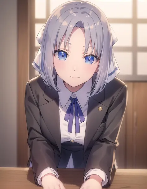 skyumi, <lora:sk yumi s1-lora-nochekaiser:1>,
yumi, short hair, blue eyes, grey hair, hair bow, (parted bangs:1.5),
BREAK shirt, long sleeves, ribbon, school uniform, jacket, white shirt, black ribbon, neck ribbon, buttons, grey jacket,
BREAK indoors, clas...