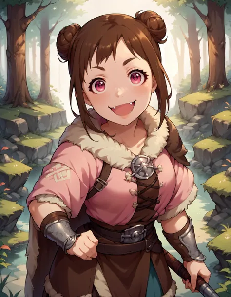 a woman in a pink shirt holding a sword in a forest