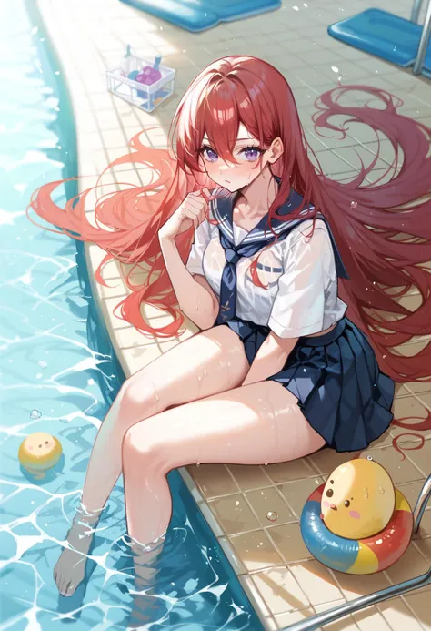 anime girl sitting on the edge of a swimming pool with a toy