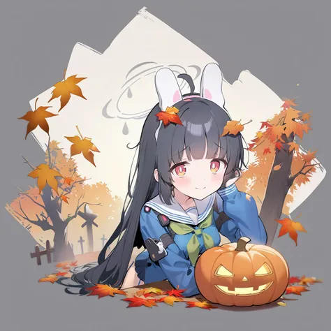 anime girl with long black hair sitting on the ground with a pumpkin