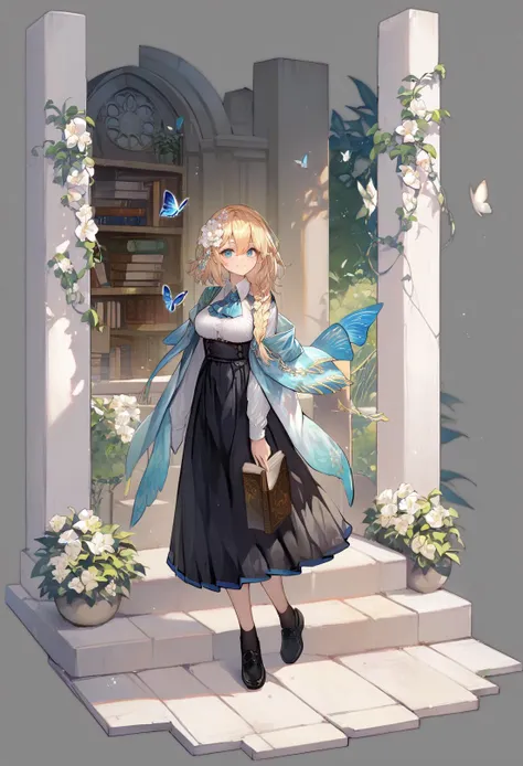 anime girl in a blue dress and black shoes standing on a porch