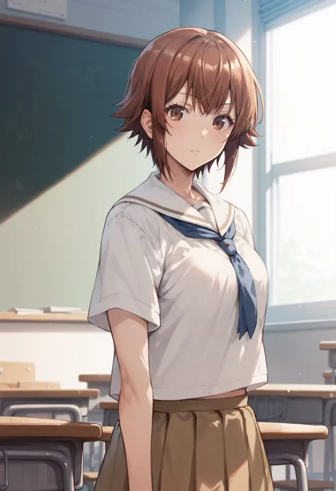 anime girl in school uniform standing in front of a classroom