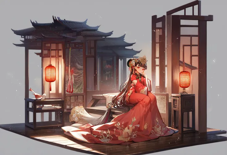 grey background, score_9, score_8_up, score_7_up, score_6_up, <lora:GachaAzurLaneXL_P6_lokr_V4236T3:0.95> 1girl, chinese clothes, dress, solo, red dress, holding, red eyes, long hair, sitting, long sleeves, lattice, hair ornament, looking at viewer, blunt ...