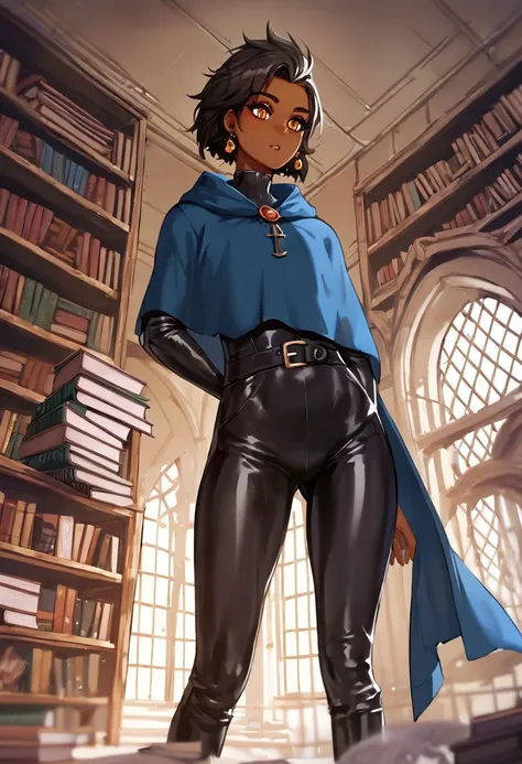 a woman in a blue cape and black pants stands in front of a bookshelf