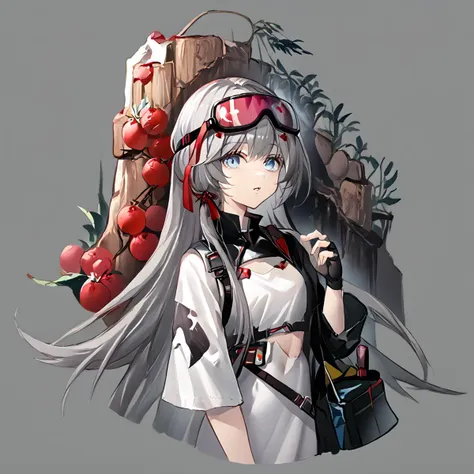 1girl, mulberry_\(arknights\), grey_hair, blue_eyes, goggles_on_head, black_gloves, very_long_hair, white_dress, long_hair, offi...