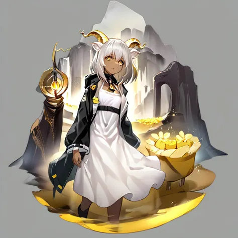 1girl, beeswax_\(arknights\), dark-skinned_female, white_hair, yellow_eyes, goat_horns, goat_ears, long_hair, white_dress, goat_...