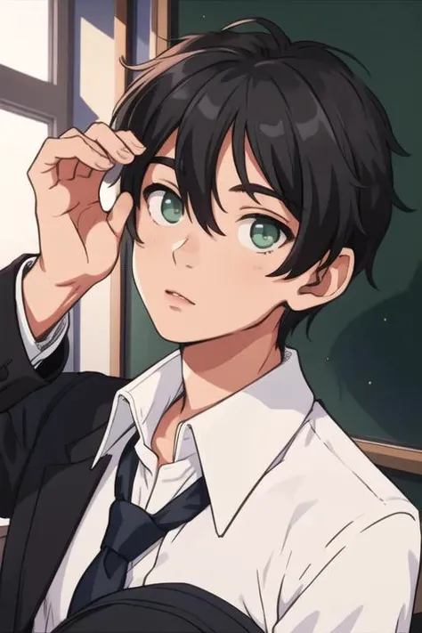 masterpiece, best quality, high quality, 1boy, solo, male focus, looking at viewer, upper body, <lora:jurai_andou:0.56>, jurai_andou, green eyes, black hair, , school uniform,